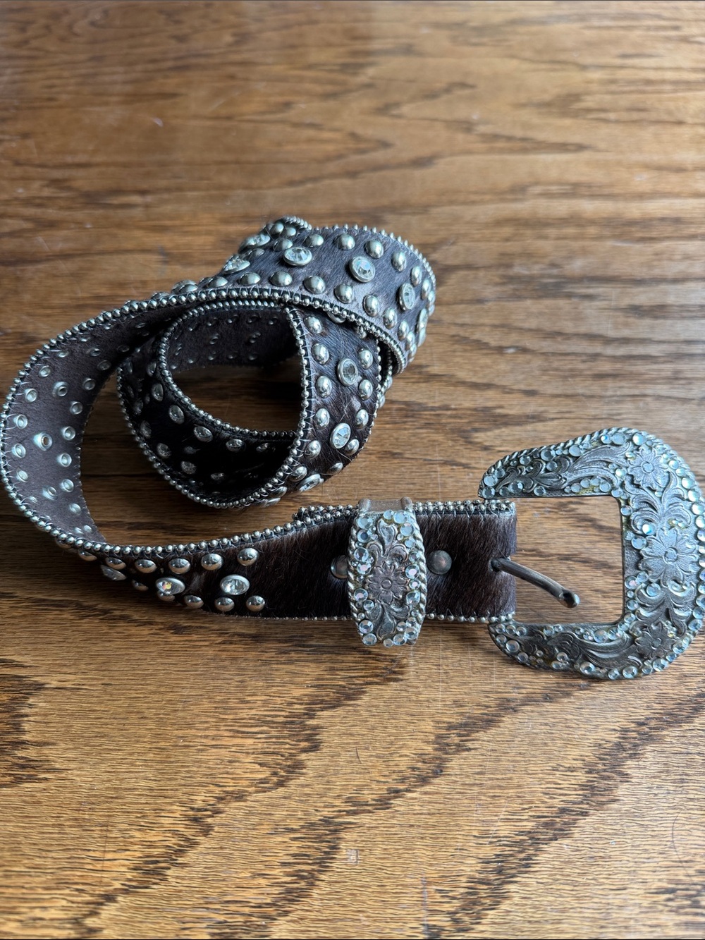 Nocona Brown Studded Leather Belt with Ornate Silver Buckle Vintage 90s
